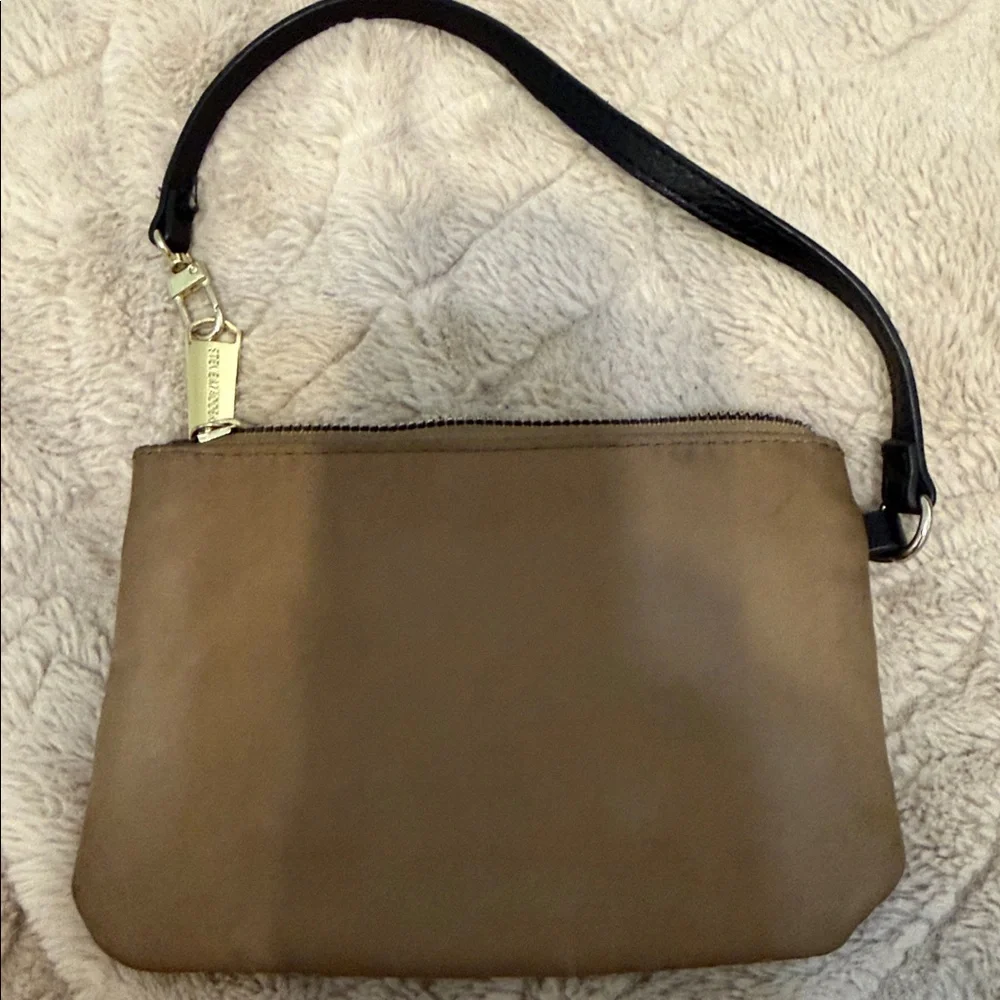 Steve Madden tan taupe, wristlet wallet, clutch black strap, gold accents GUC